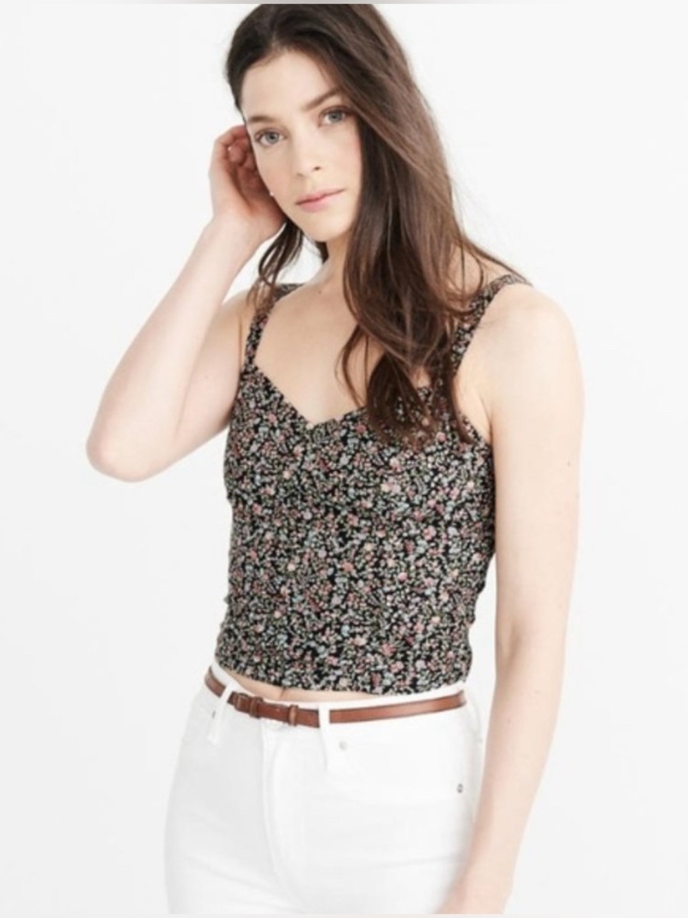 Abercrombie & Fitch Floral Cropped Cami, Black w/ Pink & Blue Flowers, Size XS